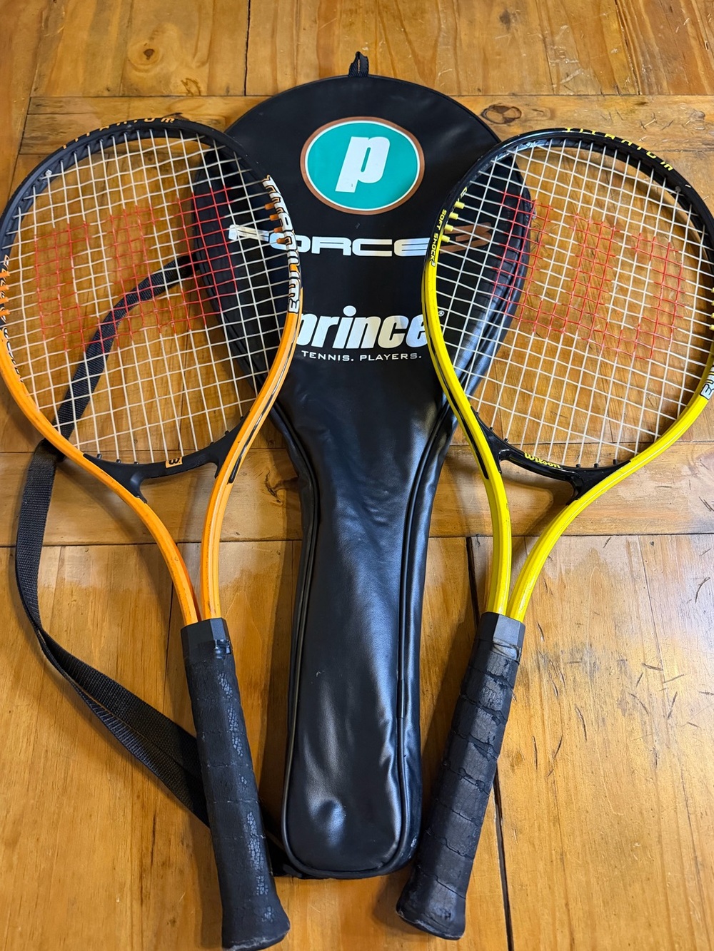 Wilson Titanium 3 Soft Shock Tennis Racquets Pair Orange Yellow w Prince Case